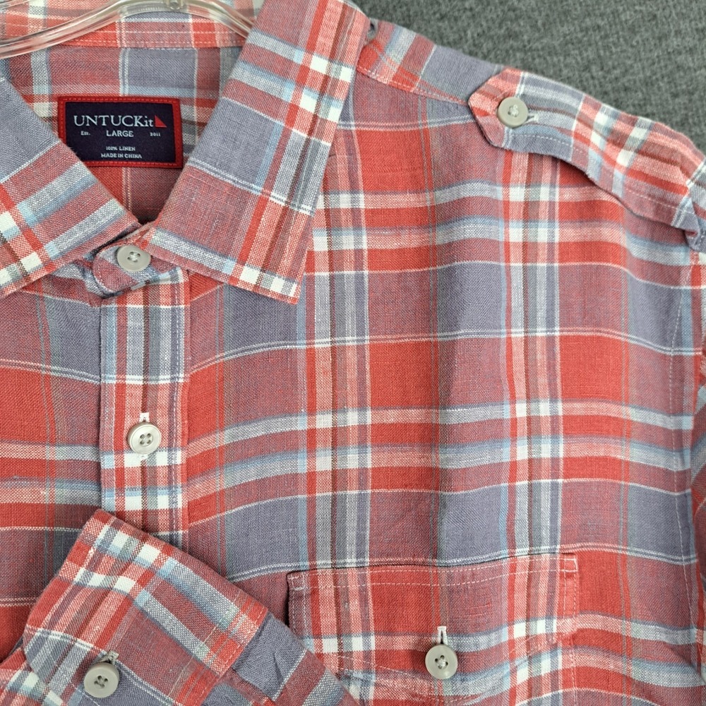 UNTUCKit Castiglioni 100% Linen Mens Large‎ Red Gray Plaid Long Sleeve Shirt